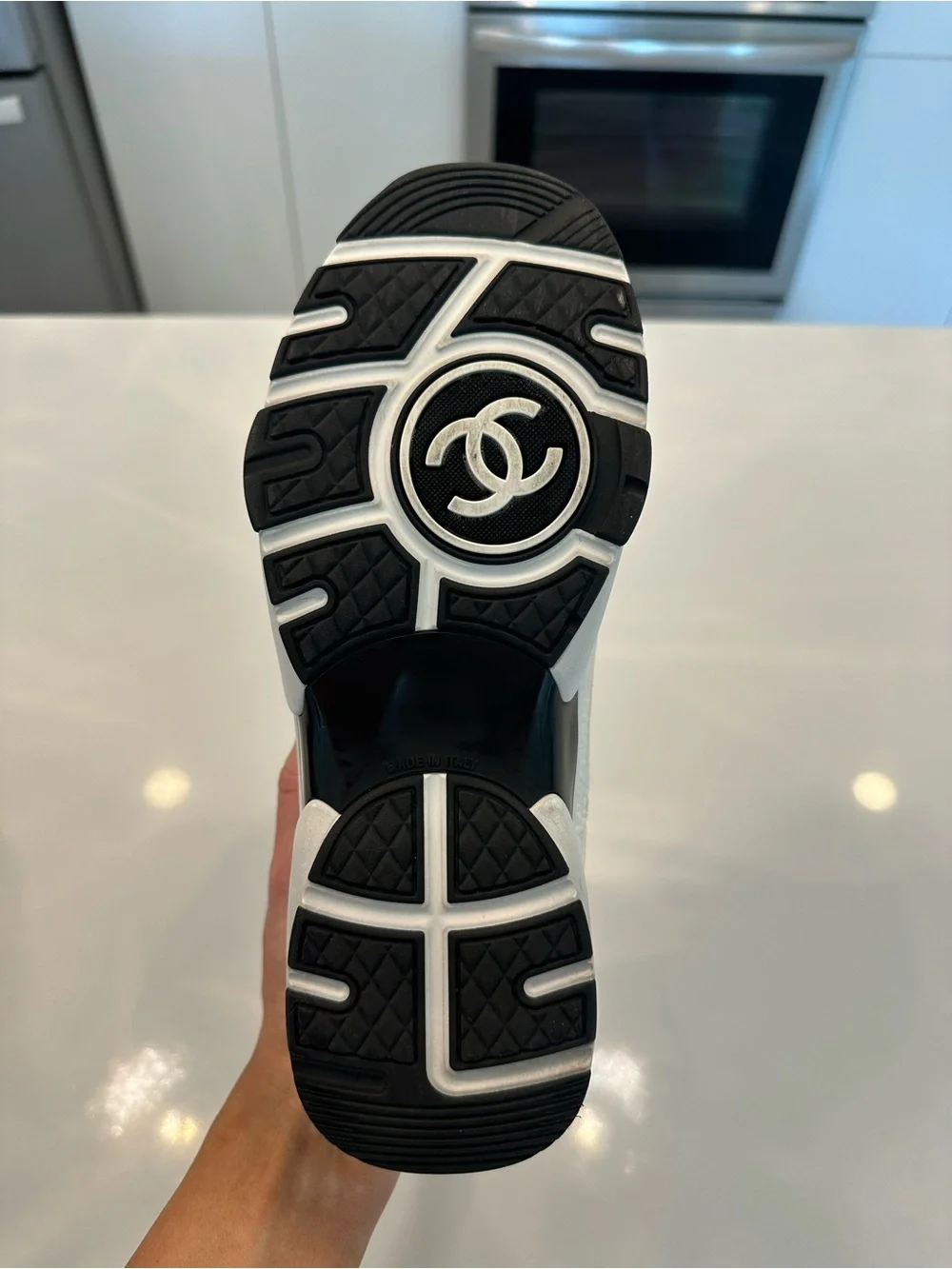 CHANEL White and Black Sneakers